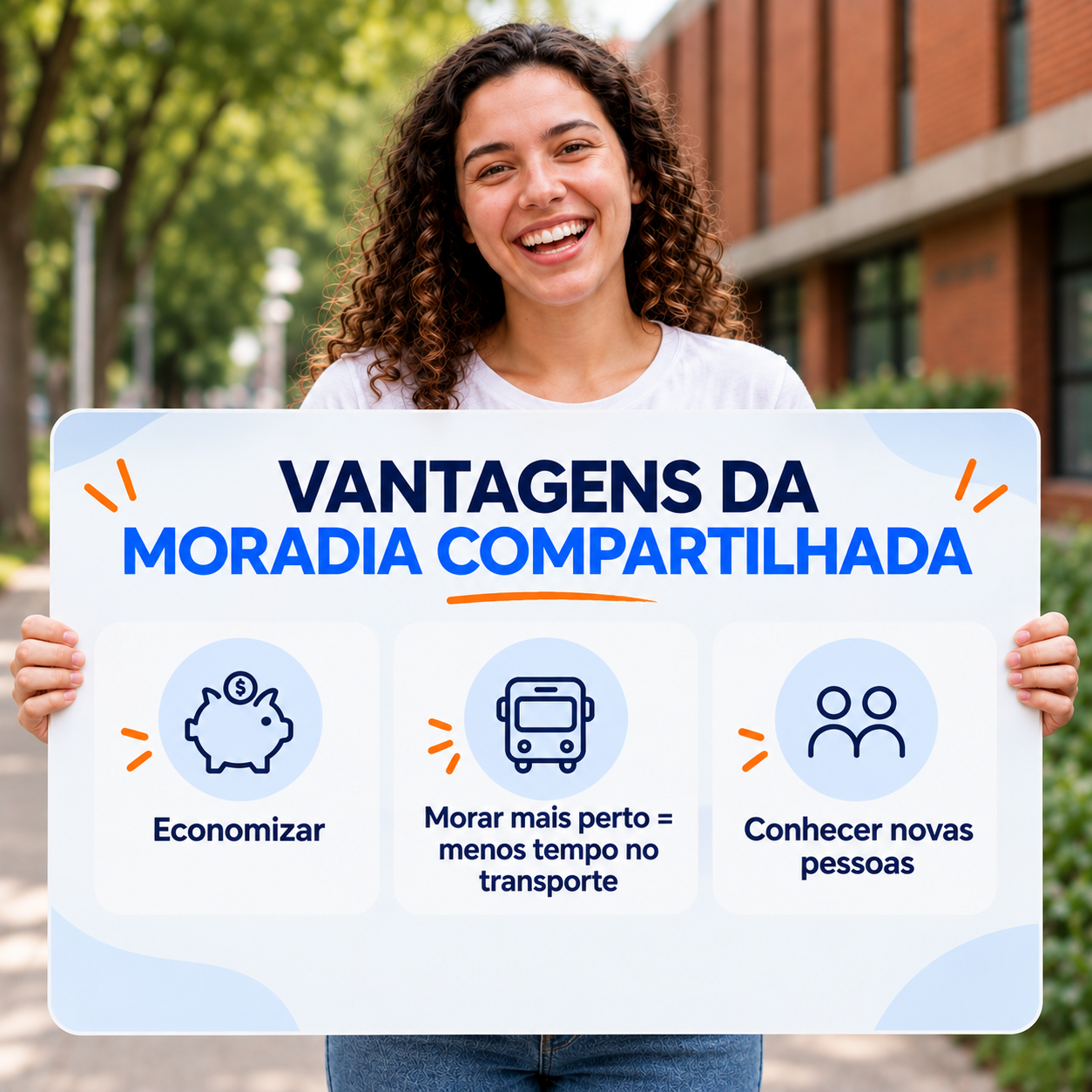 Jovem segurando um cartaz explicando a matemática da moradia compartilhada: sozinho paga R$ 1.300, com match compatível divide um apê de 2 quartos por R$ 2.600.