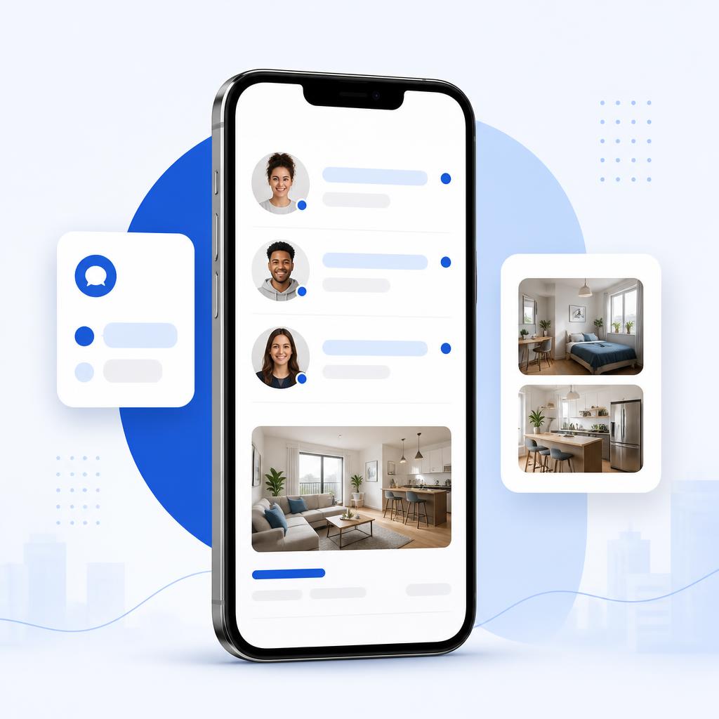 Aplicativo AlugandoJunto mostrando a Sala de Matches com conversas e lista de imóveis