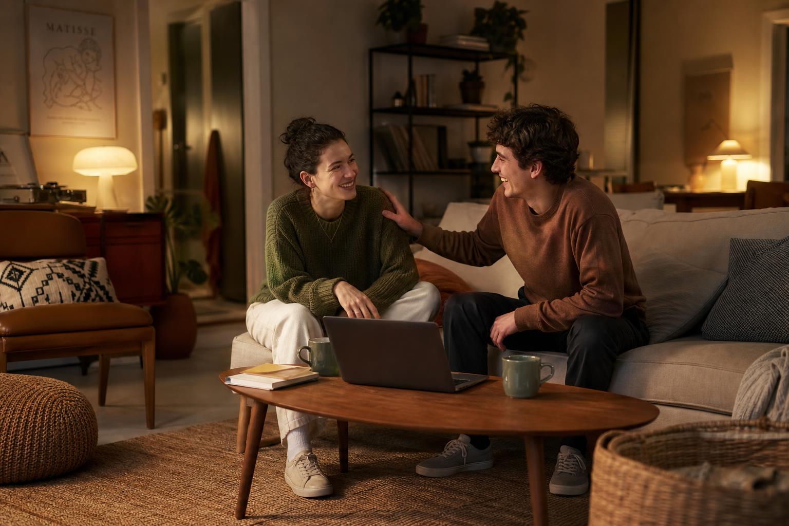Duas pessoas adultas conversando e rindo em um apartamento urbano acolhedor