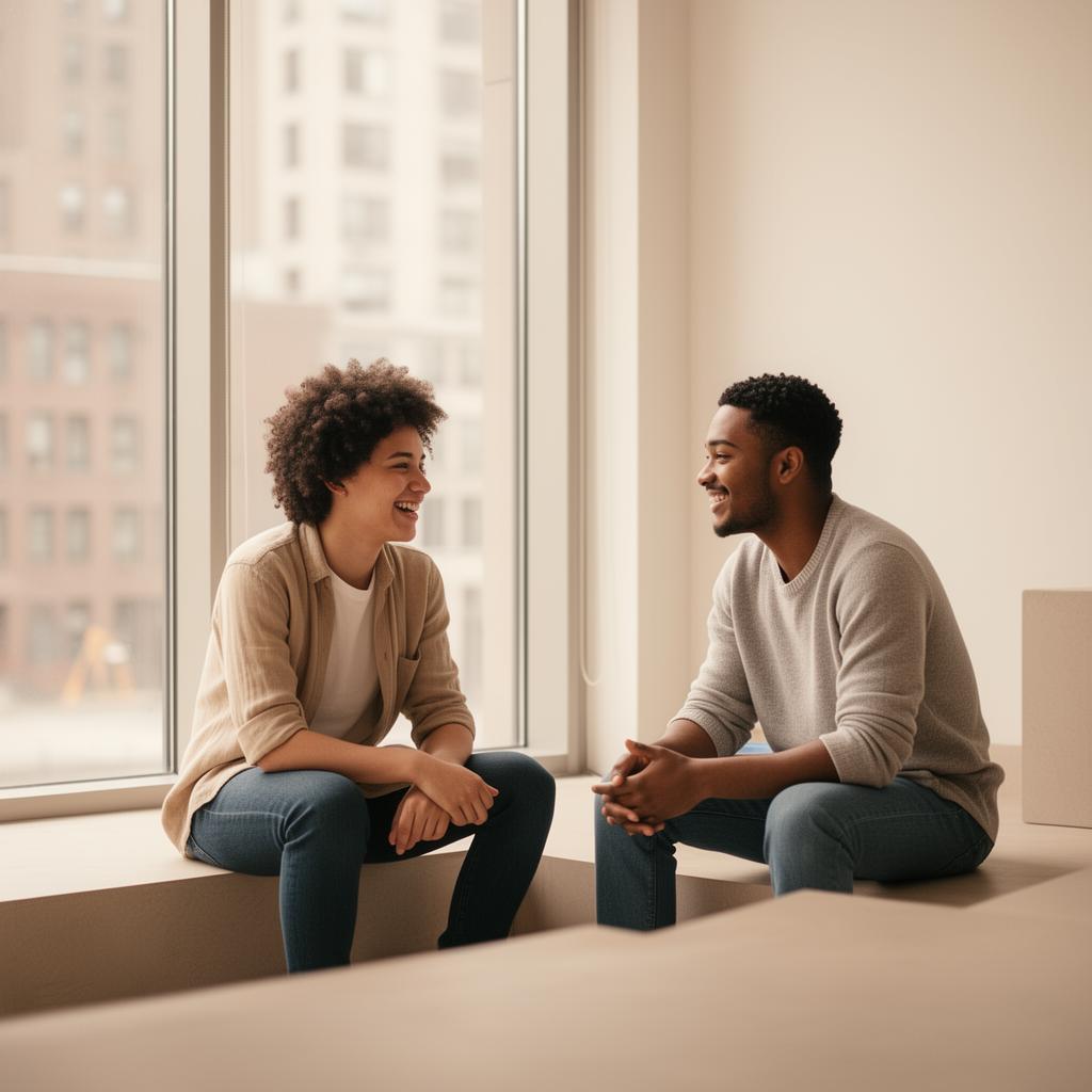 Duas pessoas conversando de forma natural em um espaço urbano iluminado