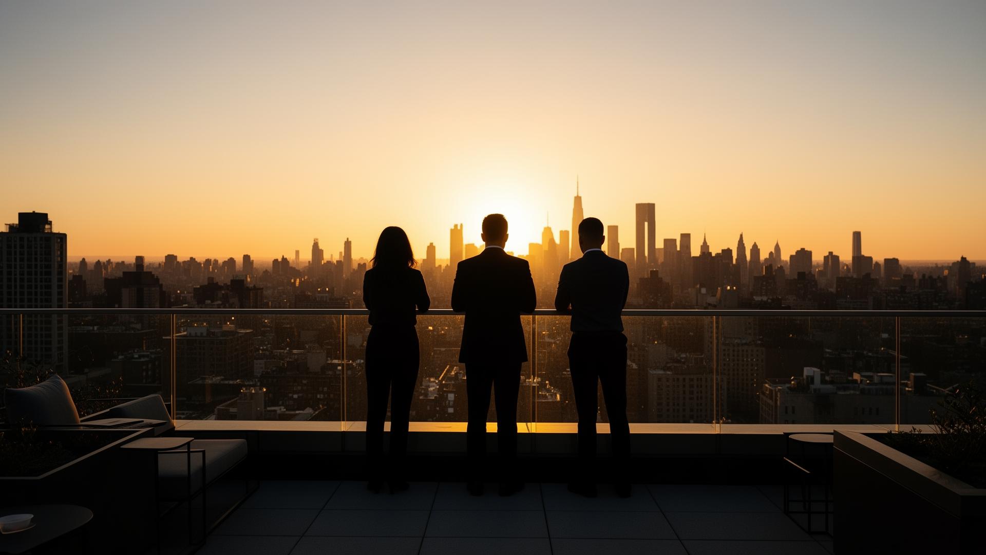 Skyline urbana ao entardecer com silhuetas nítidas de pessoas em um terraço